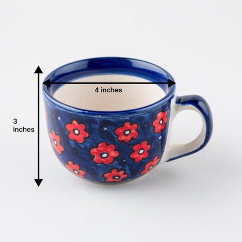 Size chart of handpainted floral ceramic mug showing dimensions of 4 inches x 3 inches