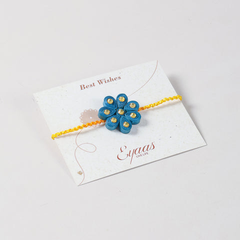 Handmade Floral Paper Quilled Rakhi  attached to a festive Best Wishes card for Raksha Bandhan gifting.