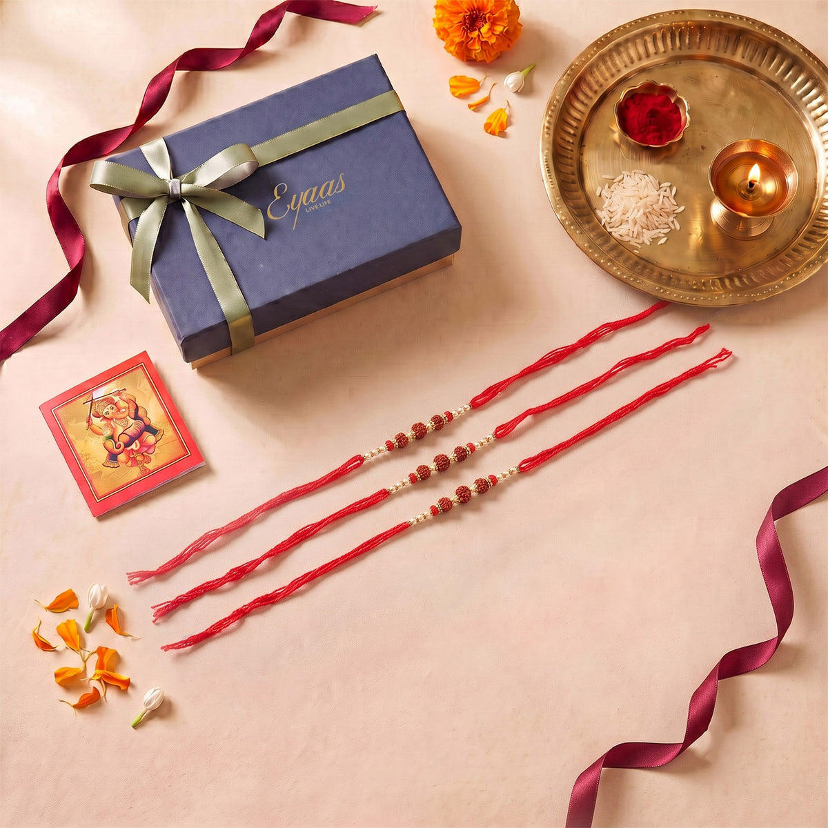 Handmade Rudraksha Rakhi for Brothers Set of 3, beautifully presented in a festive gift box for Raksha Bandhan gifting.