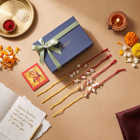 Handmade Sea Shells & Ghungroo Rakhi for Brothers Set of 4, beautifully presented in a festive gift box for Raksha Bandhan gifting.