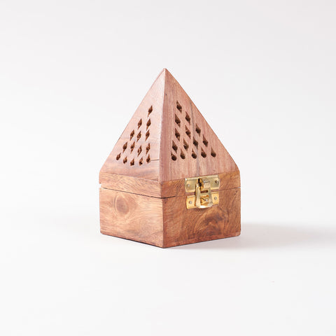 Handmade wooden dhoop cone stand with brass detailing, designed as an incense burner for home fragrance and puja essentials