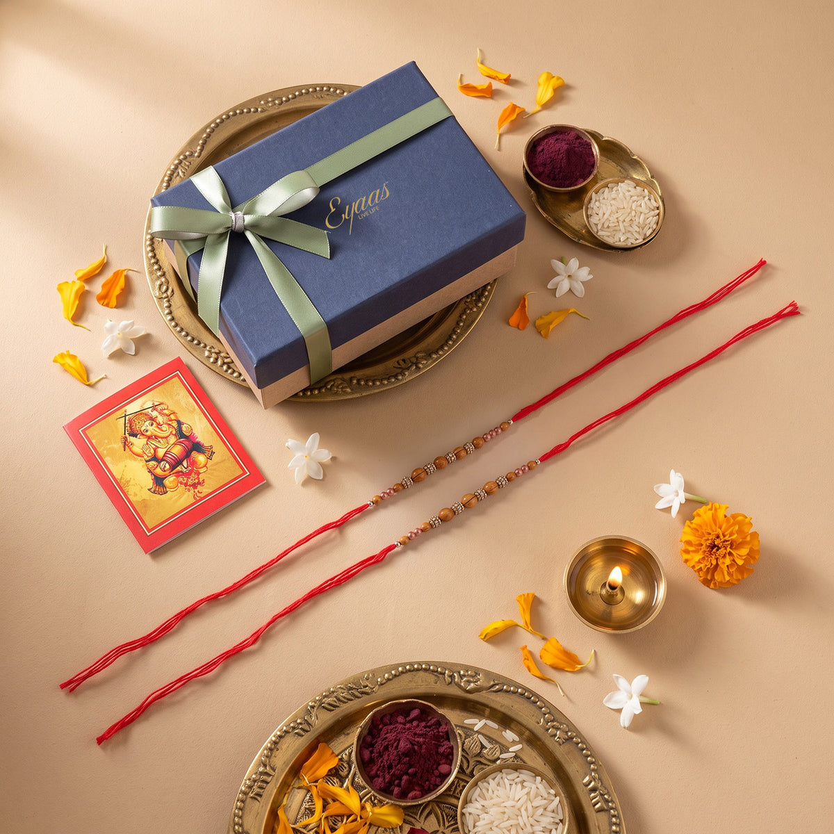 Handmade Wooden & Glass Beads Rakhi for Brothers Set of 2, beautifully presented in a festive gift box for Raksha Bandhan gifting.