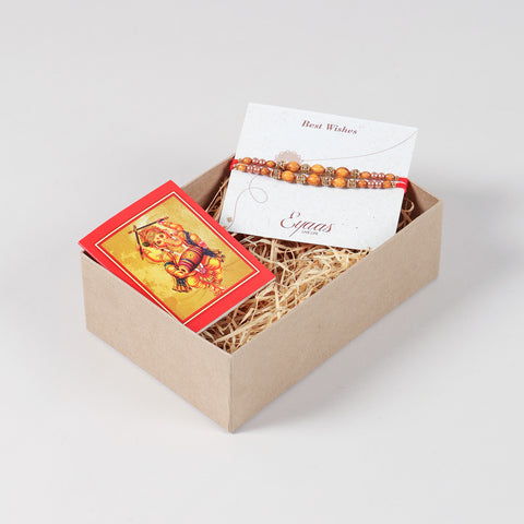 Handmade Wooden & Glass Beads Rakhi Set of 2 neatly arranged inside a decorative Raksha Bandhan gift box