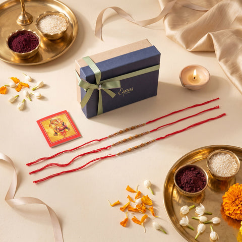 Handmade Wooden & Glass Beads Rakhi for Brothers Set of 3, beautifully presented in a festive gift box for Raksha Bandhan gifting.