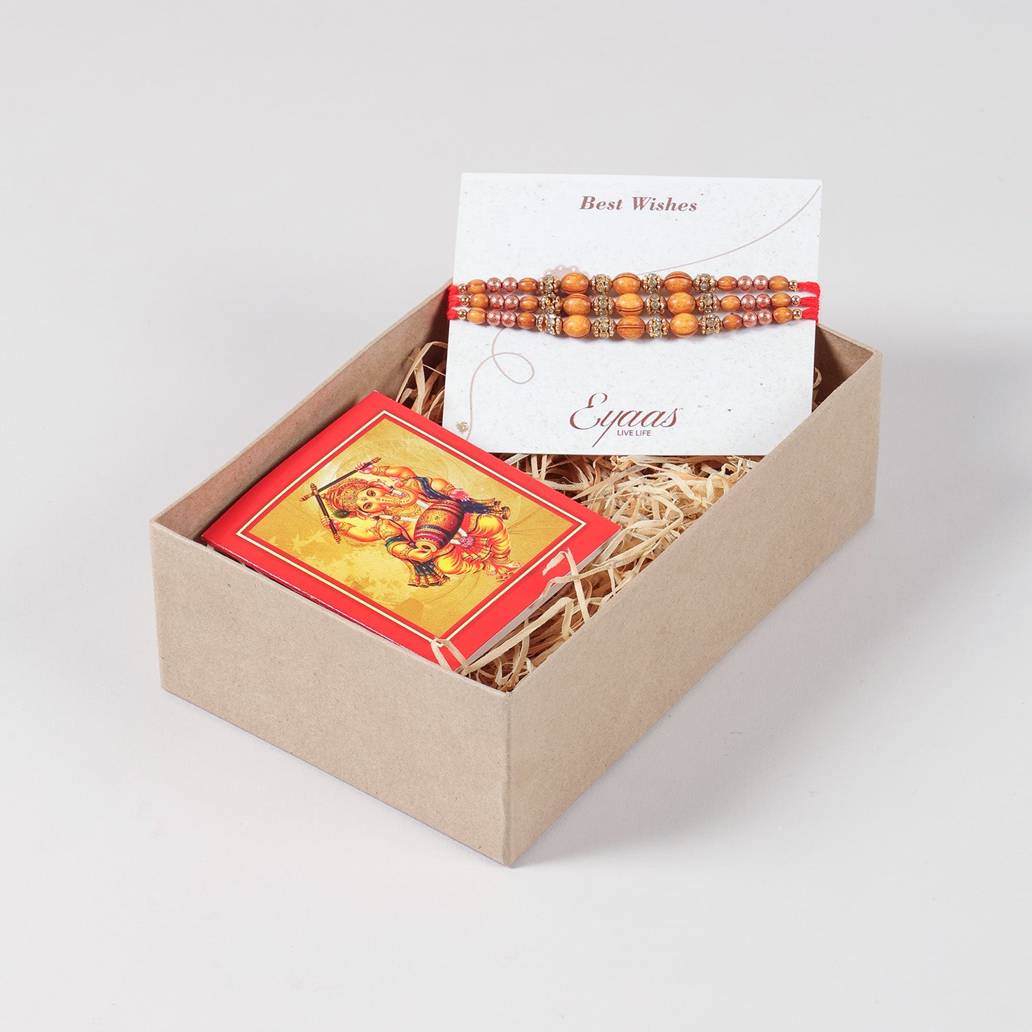 Handmade Wooden & Glass Beads Rakhi Set of 3 carefully arranged inside a festive gift box.