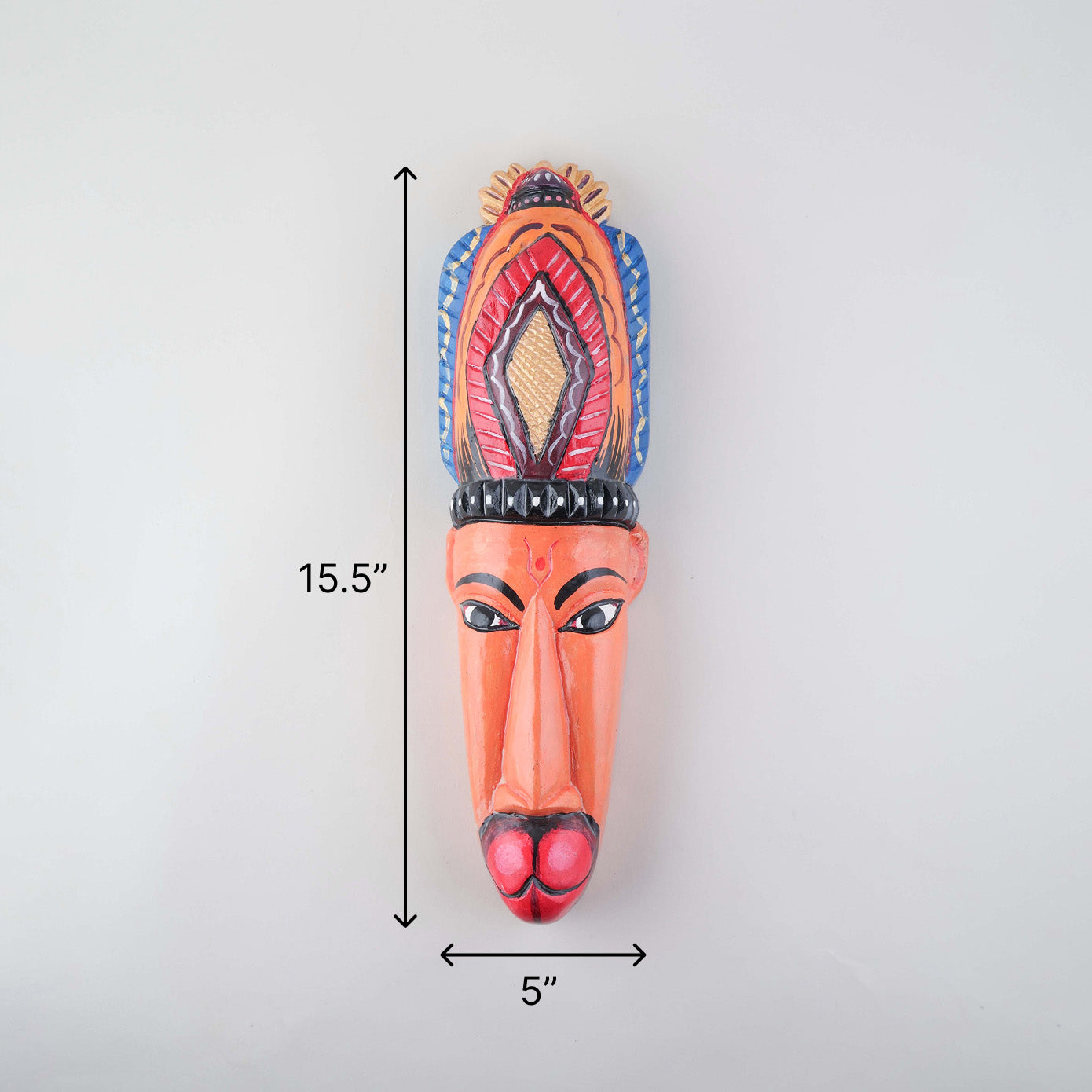 Size chart of hand-carved Hanuman Gomira wooden wall mask showing dimensions of 15.5 x 5 x 3 inches