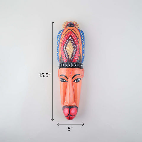 Size chart of hand-carved Hanuman Gomira wooden wall mask showing dimensions of 15.5 x 5 x 3 inches