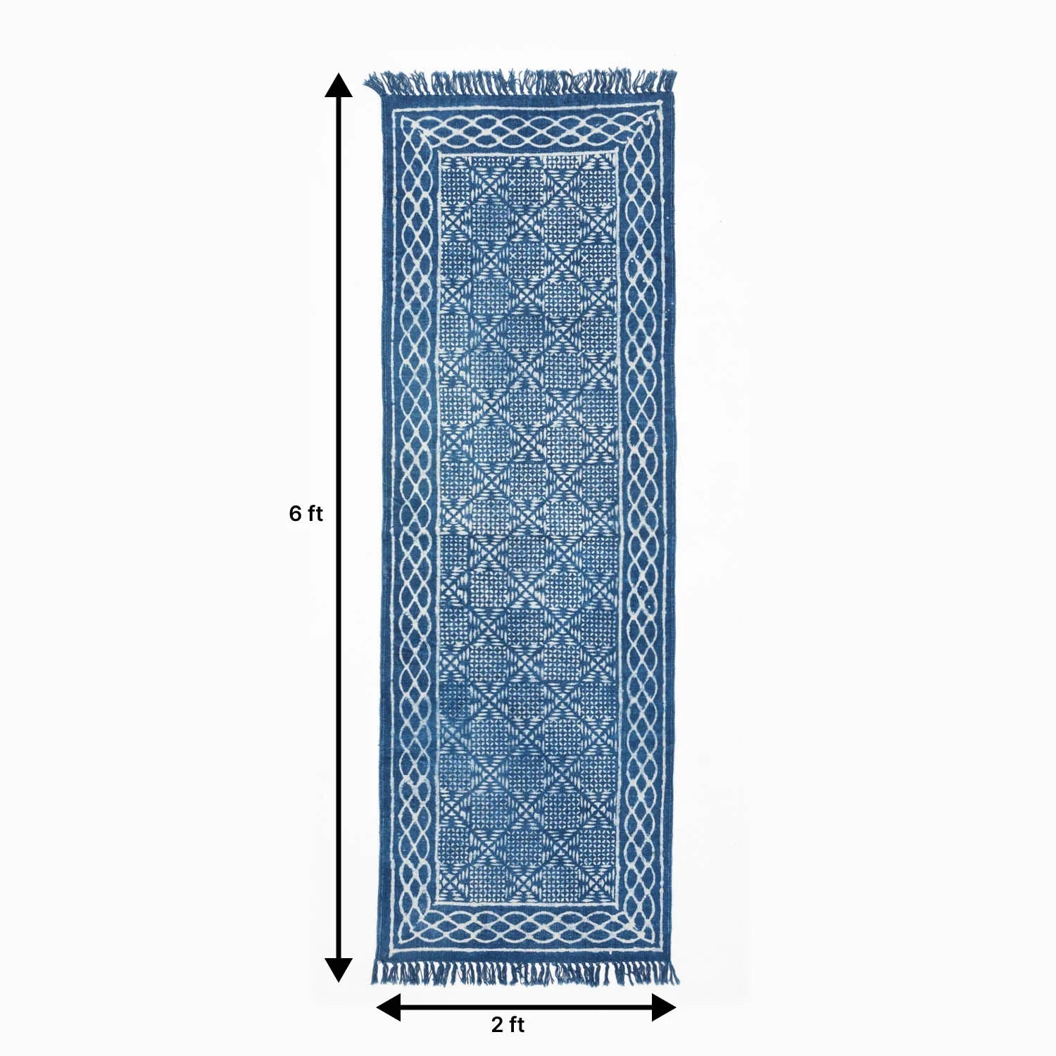 Dimension guide for indigo geometric block print dhurrie rug measuring 6 x 2 ft