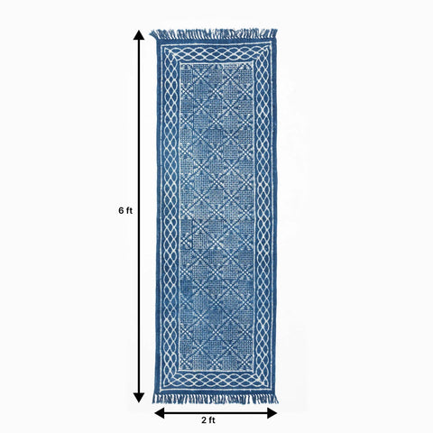 Dimension guide for indigo geometric block print dhurrie rug measuring 6 x 2 ft