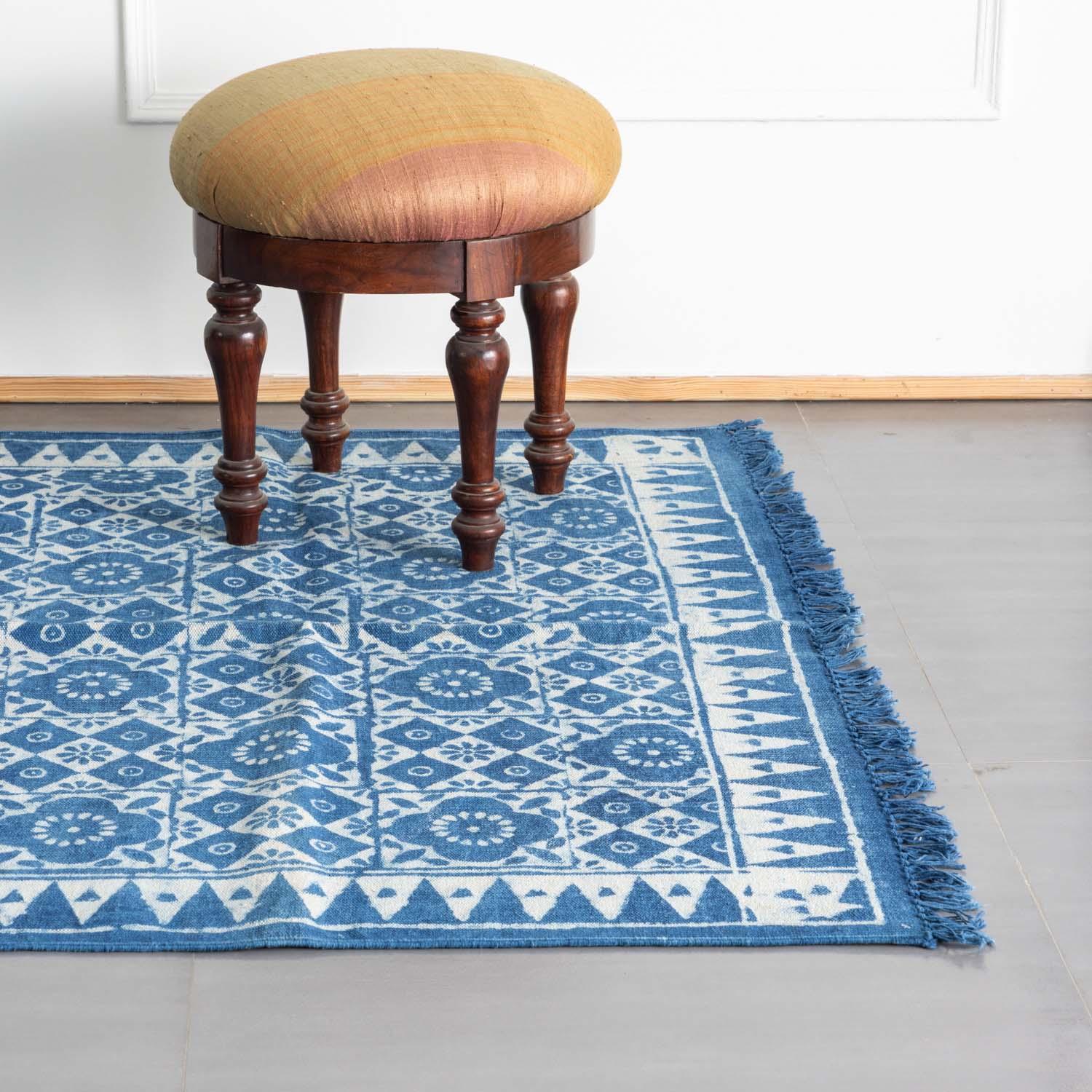 Dhurrie Rug Block Print 6x4 ft, Geomectric Floral , Indigo – Eyaas