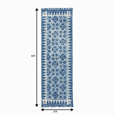 Dimension guide for hand block printed indigo geometric floral rug measuring 6 x 2 ft