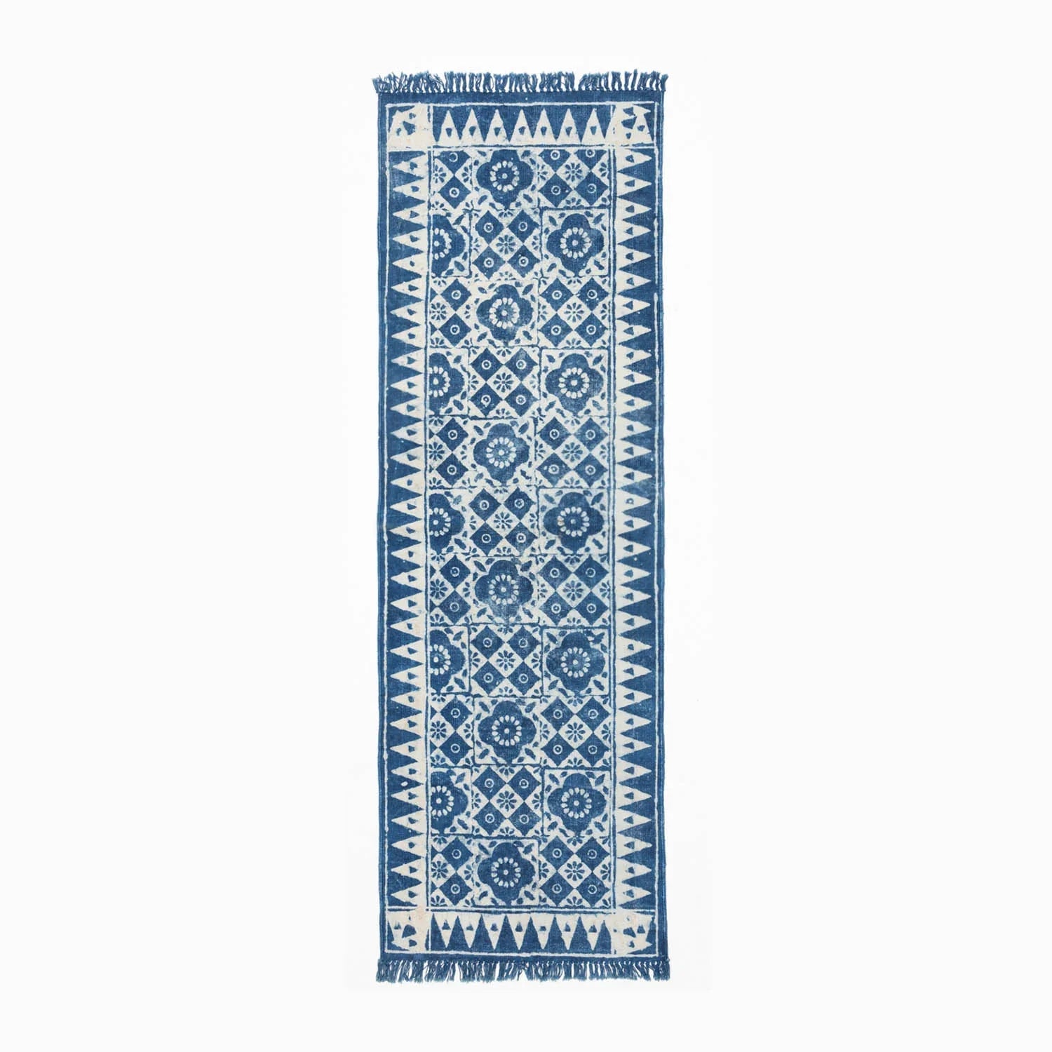 Handwoven indigo dhurrie rug featuring geometric, floral block printed motifs