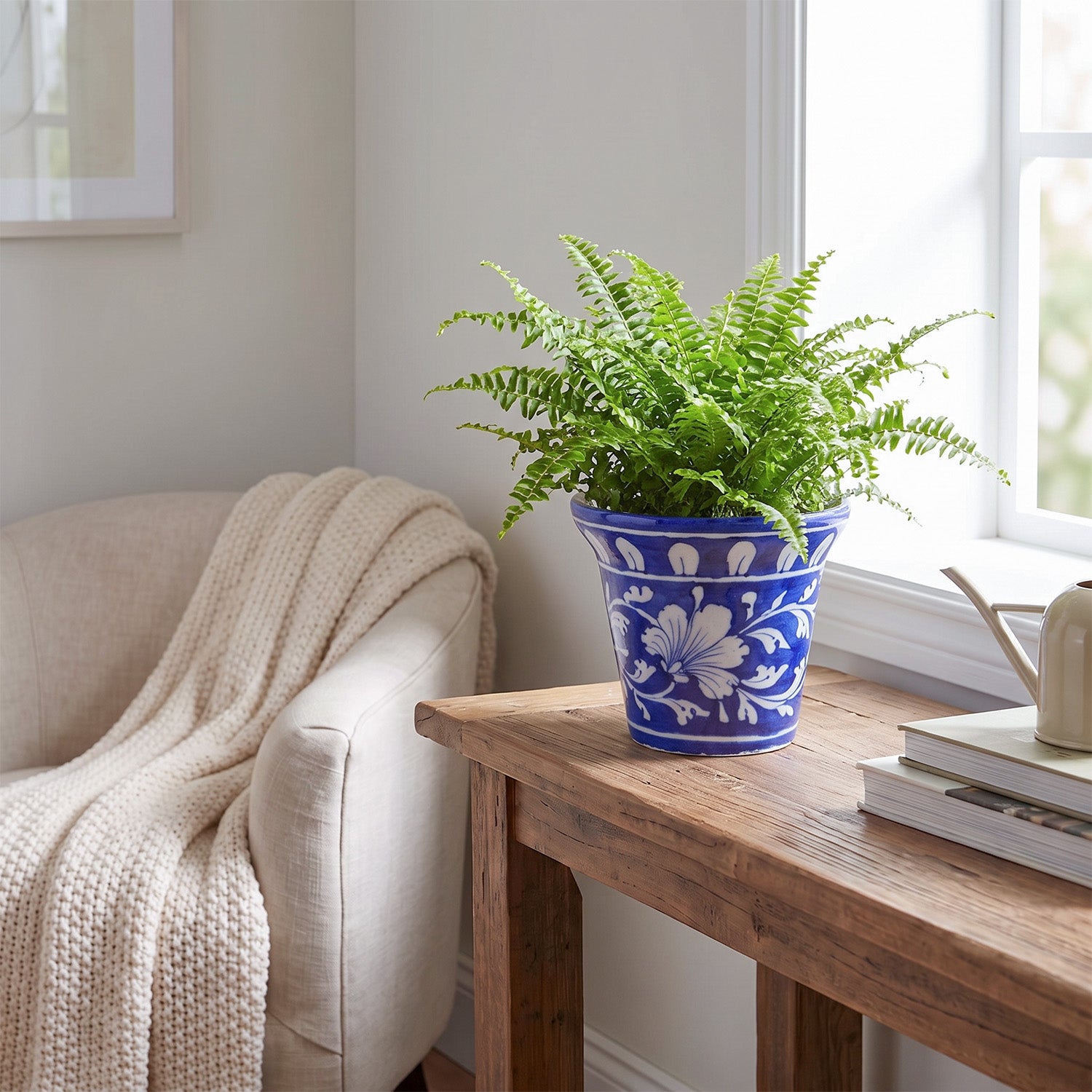 Indigo and white Blue Pottery planter for balcony plants styled with greenery