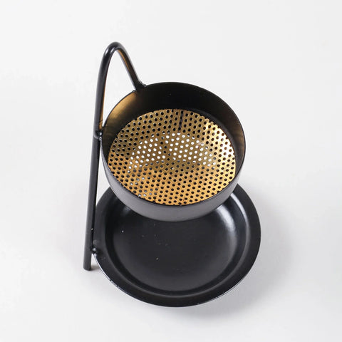 Close-up of the brass net on a handmade iron dhuni incense burner
