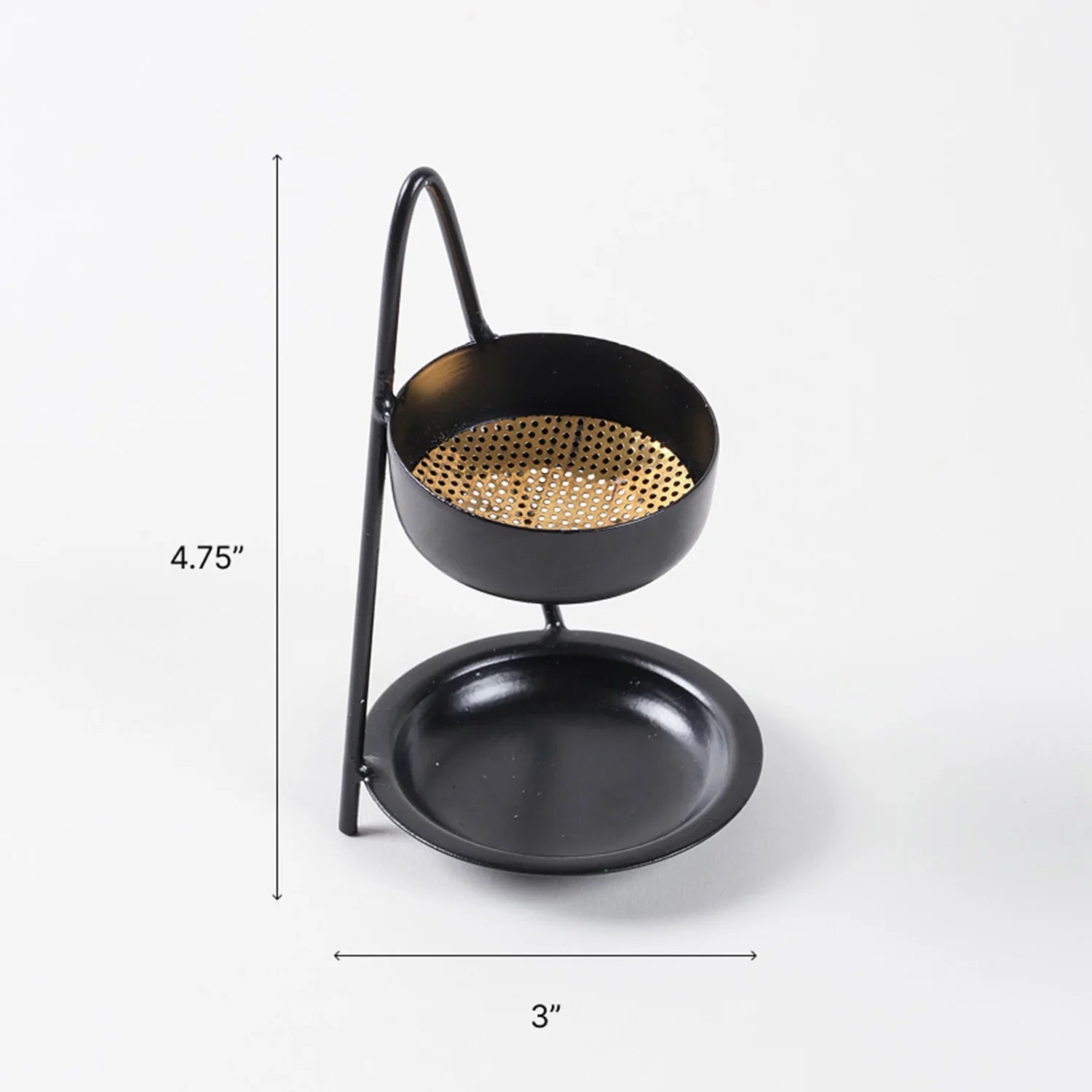 Dimension guide for iron dhuni incense burner measuring 4.75 x 3 x 3 inches