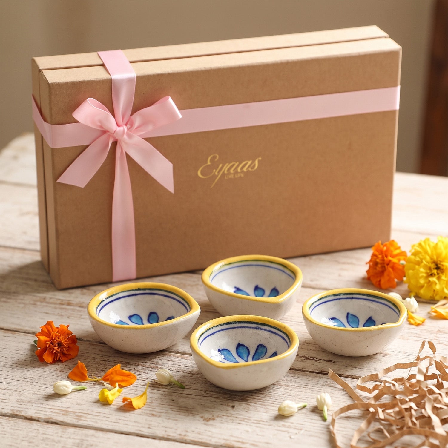 Jaipur Blue Pottery diya set of 4 styled in a festive gifting setting