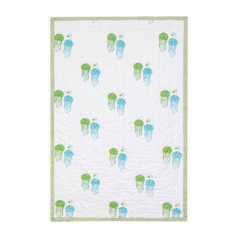 Full front view of a 60x40 cotton quilt featuring ocean-inspired jellyfish block prints on a white background