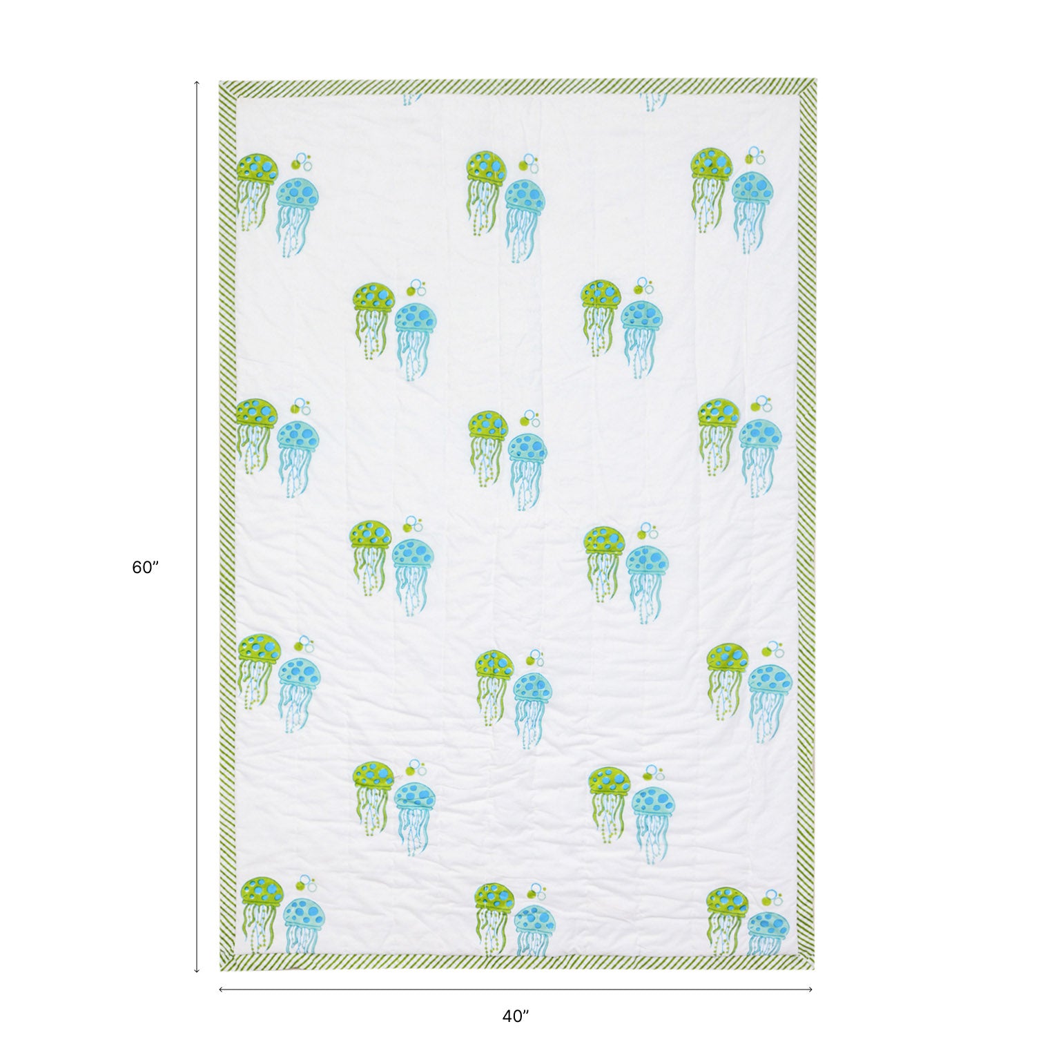 Size chart of Jellyfish reversible block print quilt showing dimensions of 60 inches x 40 inches
