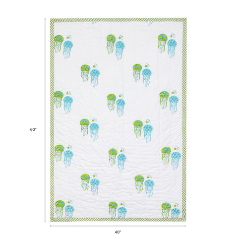 Size chart of Jellyfish reversible block print quilt showing dimensions of 60 inches x 40 inches