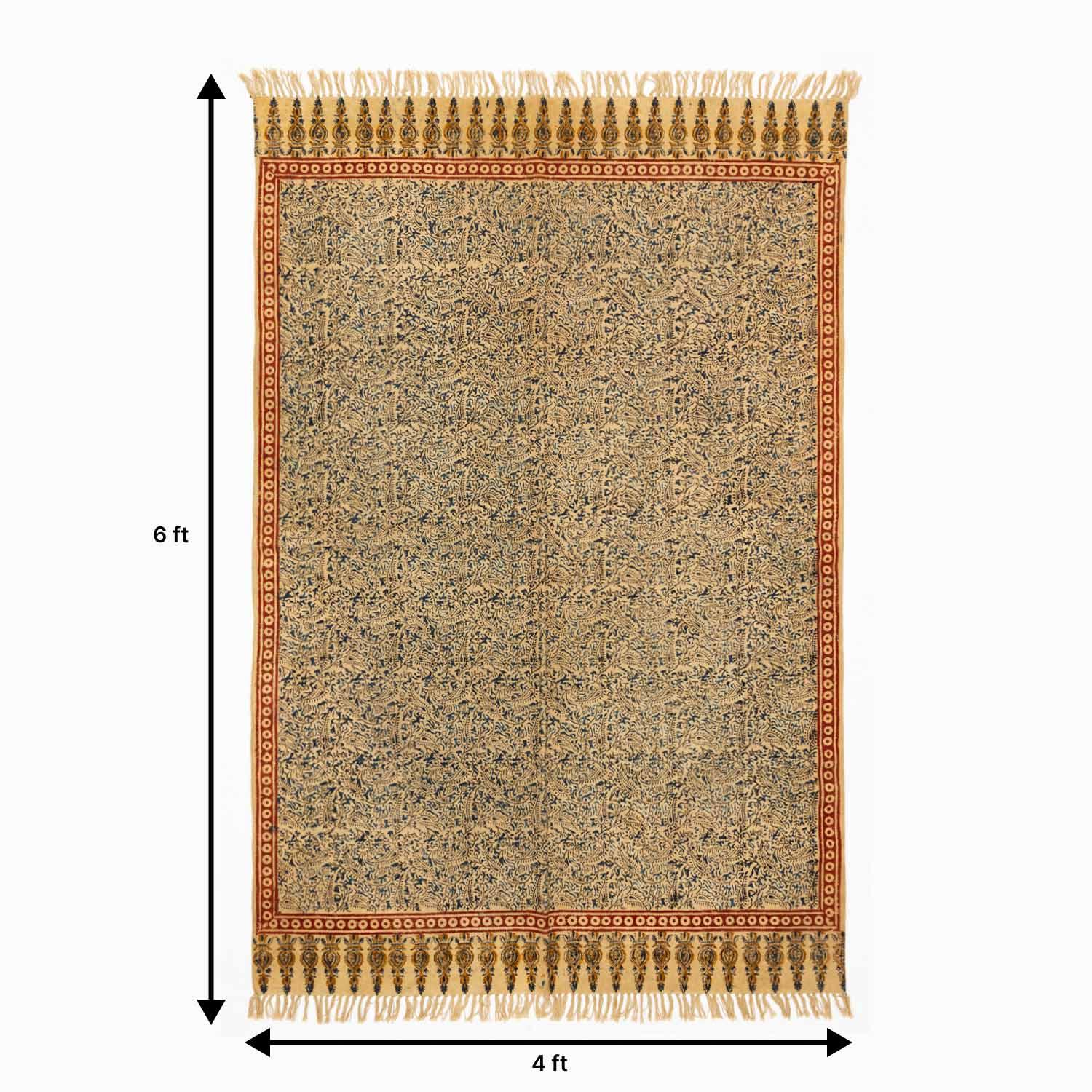6 x 4 ft hand block printed Kalamkari mustard cotton dhurrie rug size guide