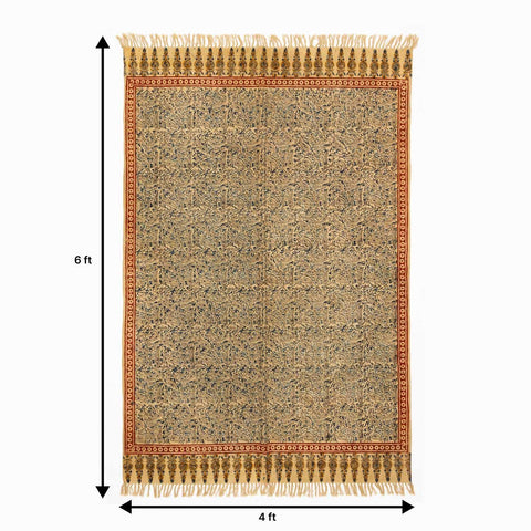 6 x 4 ft hand block printed Kalamkari mustard cotton dhurrie rug size guide