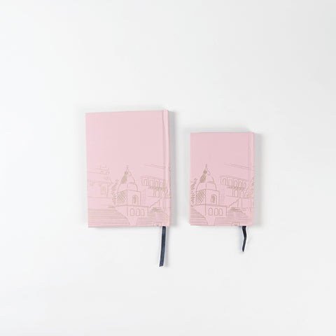 Back view of the Eyaas Kashi handmade hard bound diary notebook set showing the pink cover