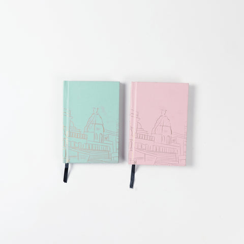 Kashi handmade pocket diary notebook set of 2 with green and pink hardbound covers for journaling, planning, and writing.