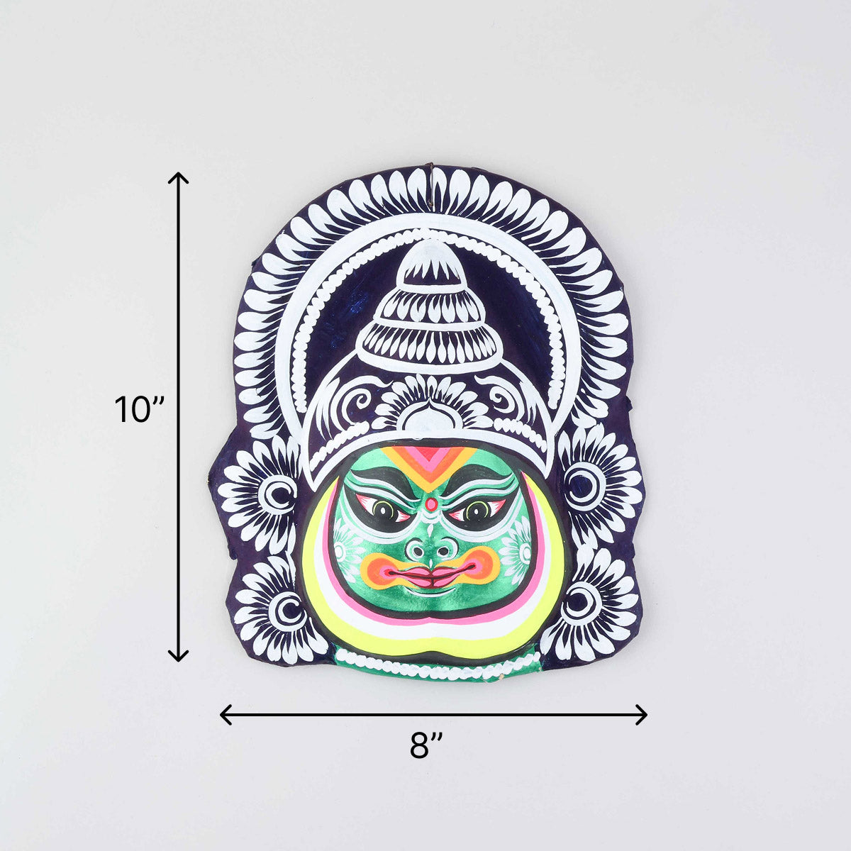 Size chart of handmade Kathakali Chhau wall mask showing dimensions of 10 x 8 x 2 inches