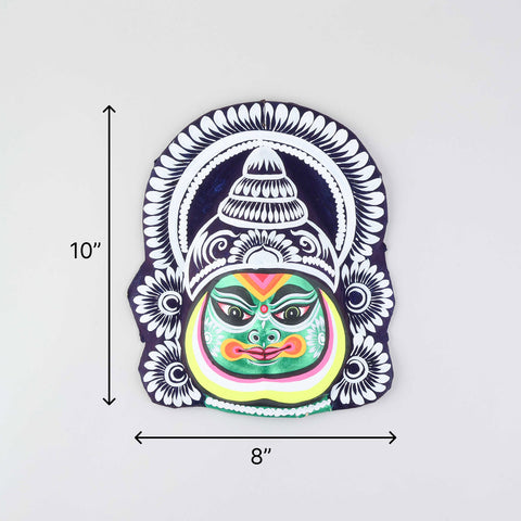 Size chart of handmade Kathakali Chhau wall mask showing dimensions of 10 x 8 x 2 inches