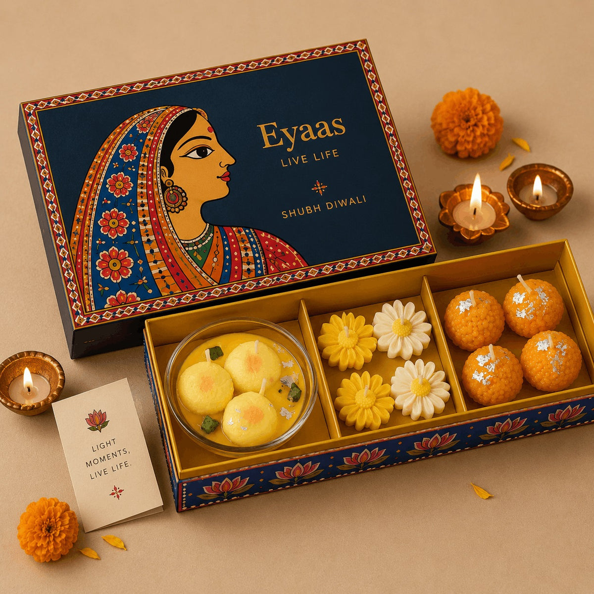 Kuchh Meetha Ho Jaye Indian dessert candle gift set styled in a festive gifting setting