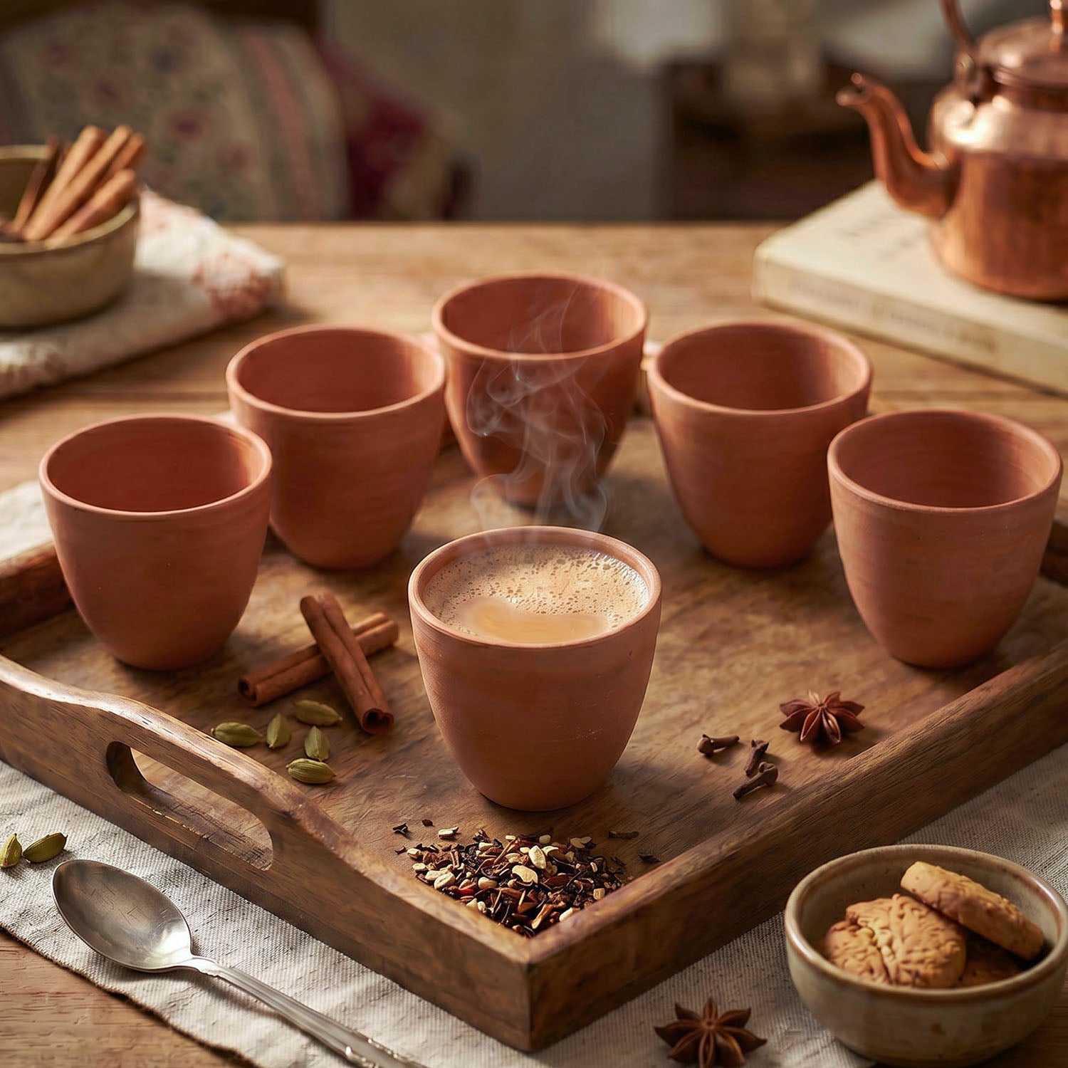 Handmade terracotta kulhad chai cups served with hot tea for a traditional chai experience
