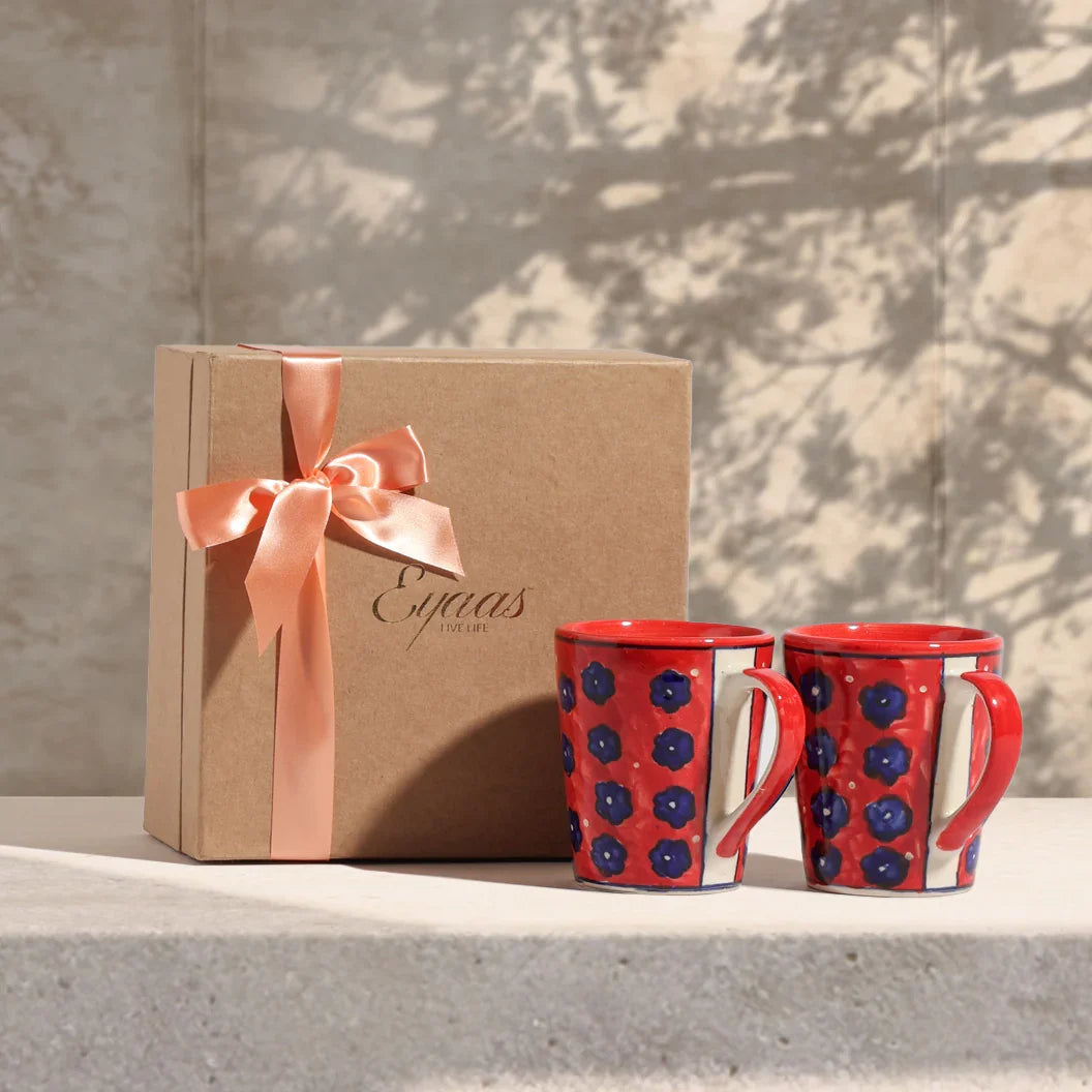 Large floral red ceramic coffee mug gift set of two styled for gifting with elegant gift box presentation