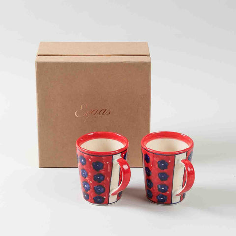 Large floral red ceramic coffee mug set of two presented as a couple gift for anniversaries and special occasions