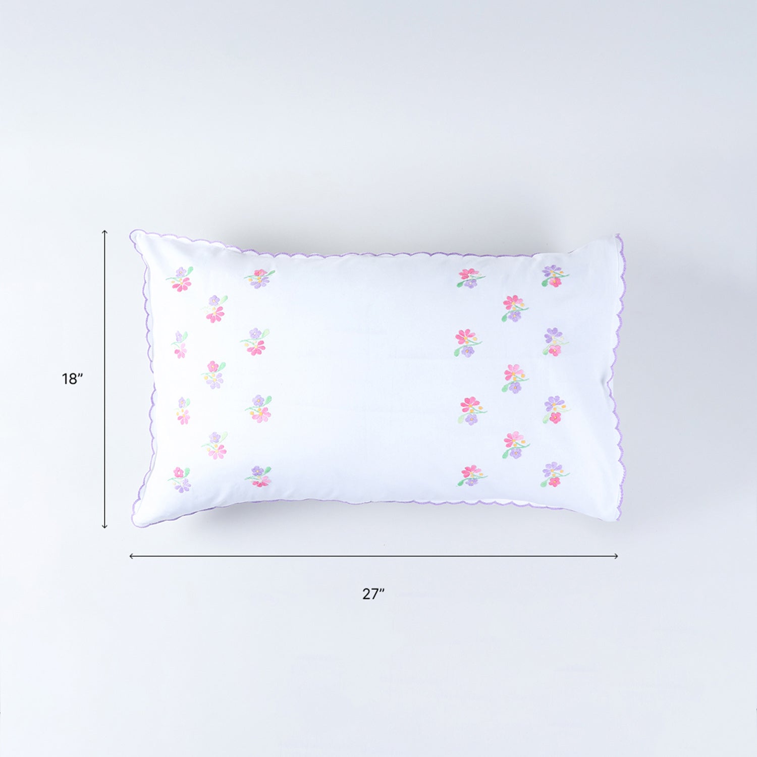 18x27 inch embroidered pillow case size guide with cotton fabric and back flap closure details