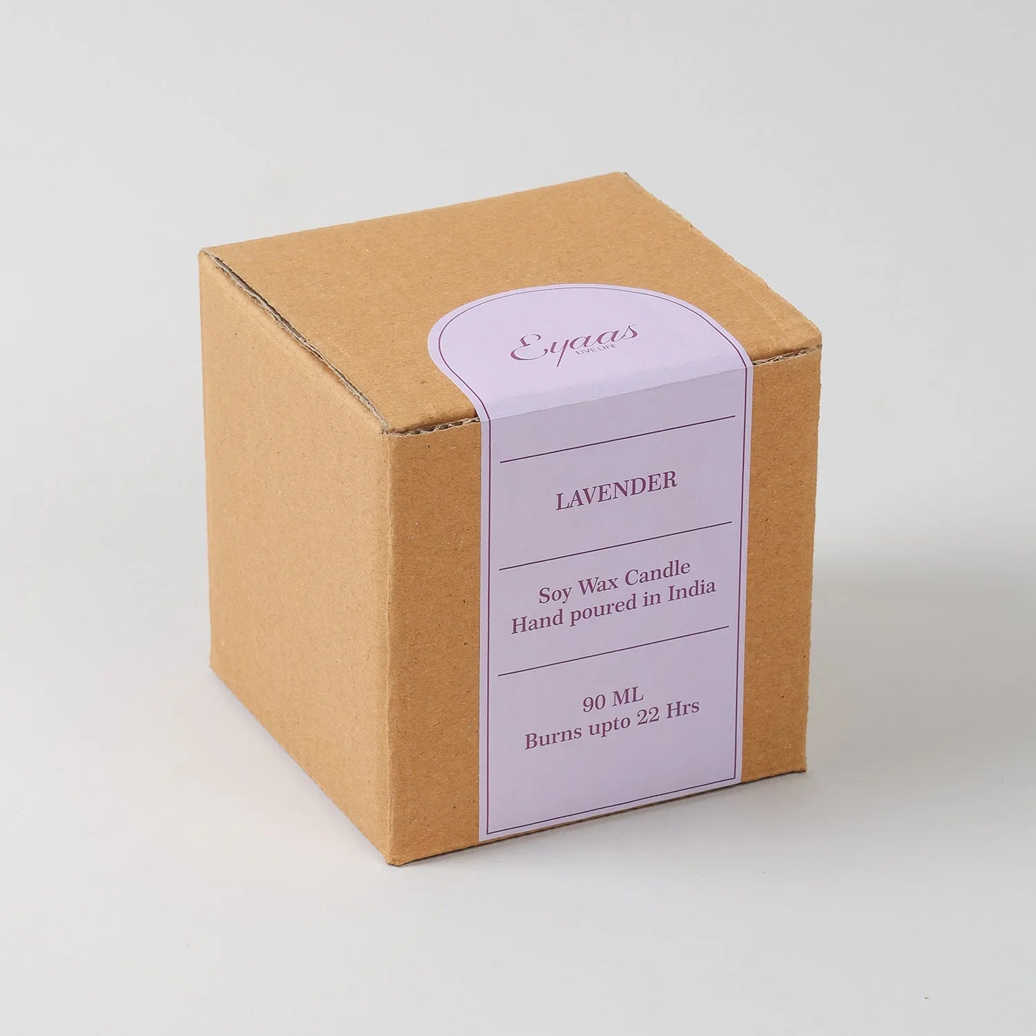 Lavender scented soy wax candle in chiseled glass with gift box showing fragrance details and burn time information
