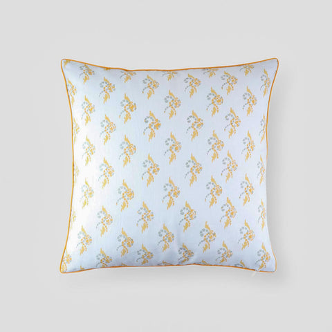 Hand block printed swirl cushion cover on cotton linen fabric decorative pillow cover on a plain background