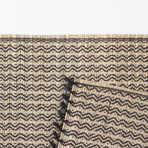 Detailed close-up of a handmade Madurkathi  table placemats showcasing the dense natural fibre weave, geometric pattern, and durable black stitched border craftsmanship