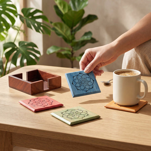 Wooden tea coaster set with Mandala pattern protecting the table while adding colour to a tea and coffee table setting.