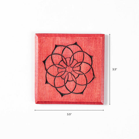 3.5 x 3.5 inches dimensions of the Mandala wooden coaster set of 4 with holder for tea cups, coffee mugs, and table use.