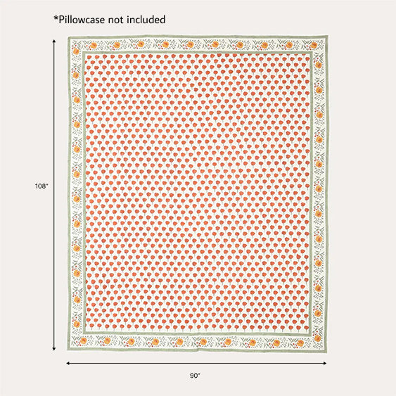 90 x 108 inch king-size cotton bedcover size guide featuring orange marigold buti block print design