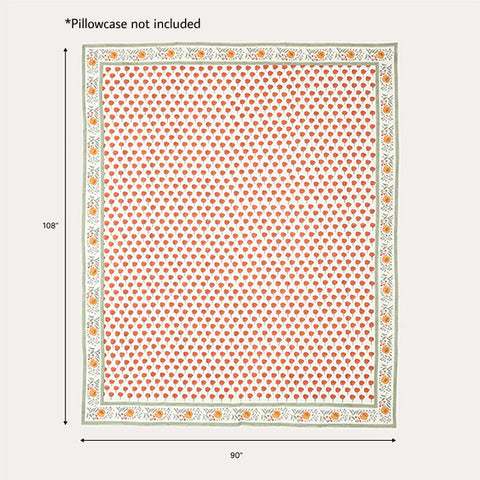 90 x 108 inch king-size cotton bedcover size guide featuring orange marigold buti block print design