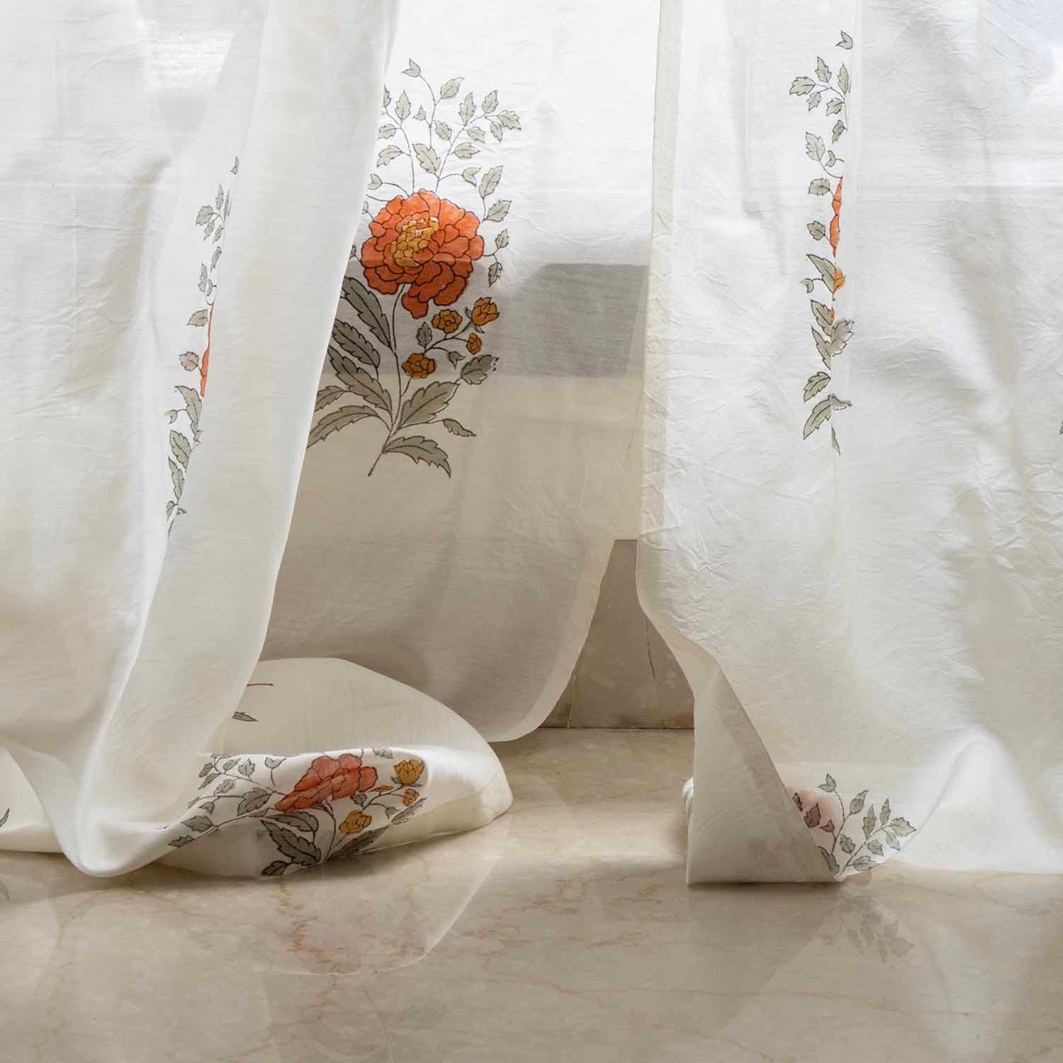 Marigold Buta block printed Chanderi sheer curtain measuring 7 feet in height
