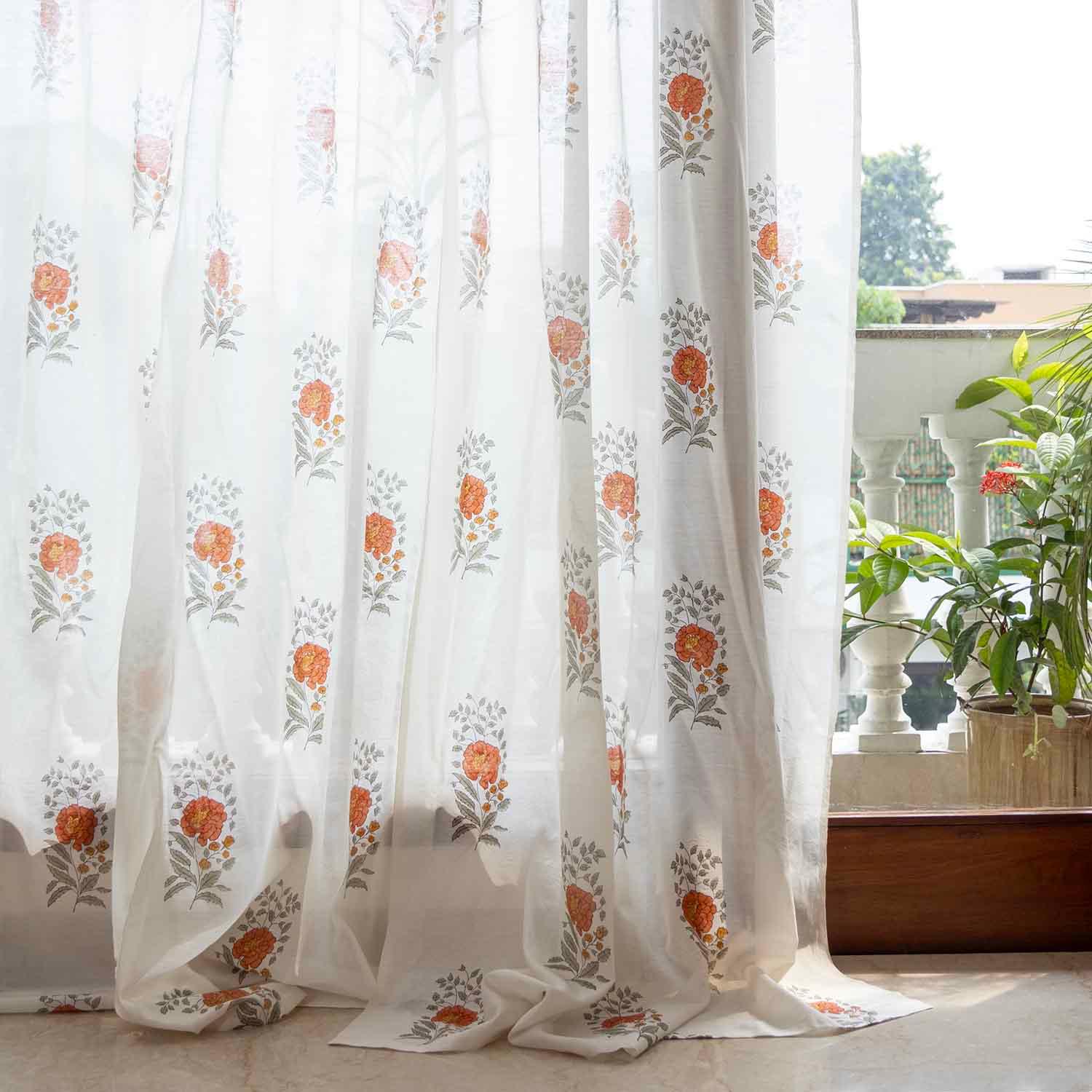 Marigold Buta block printed Chanderi sheer curtain measuring 9 feet in height, styled on a window 