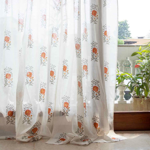 Marigold Buta block printed Chanderi sheer curtain measuring 9 feet in height, styled on a window 
