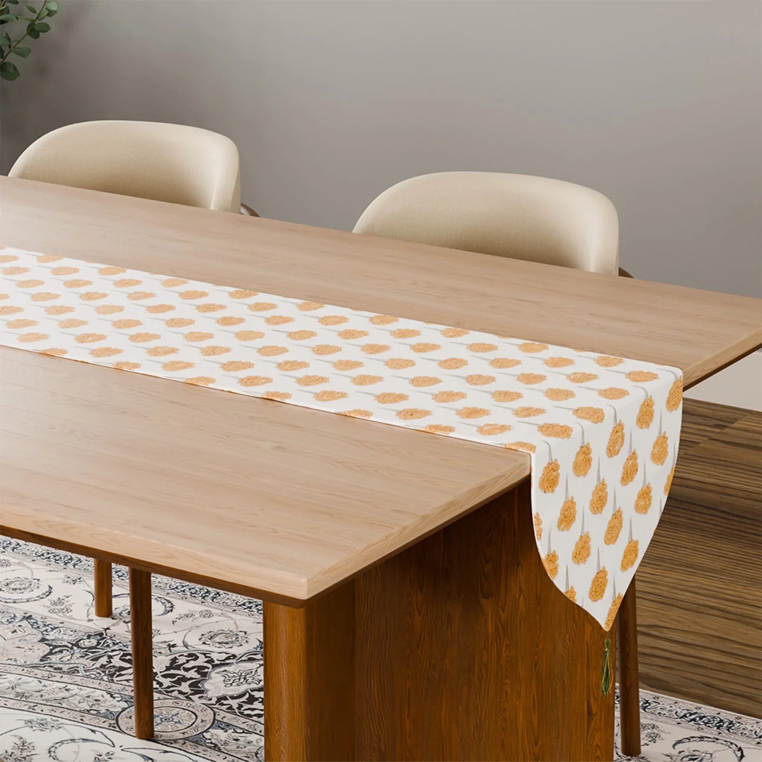 Marigold Buta Chanderi table runner styled on a 4 to 6-seater dining table for everyday and festive dining
