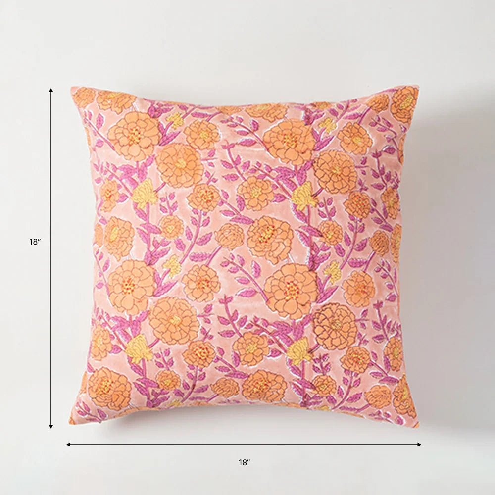 18 x 18 inch pink floral block printed cushion cover size guide featuring marigold jaal design