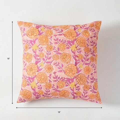 18 x 18 inch pink floral block printed cushion cover size guide featuring marigold jaal design