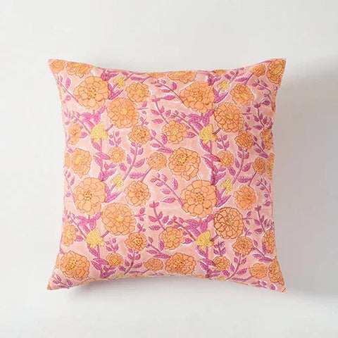 Full-size pink hand block printed cushion cover featuring marigold jaal floral motifs on cotton fabric