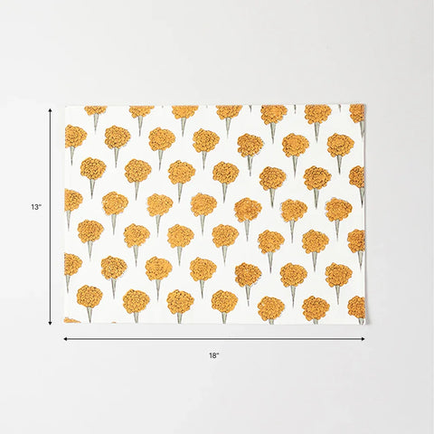 13 x 18 inch cotton placemat size guide featuring marigold hand block printed floral motifs