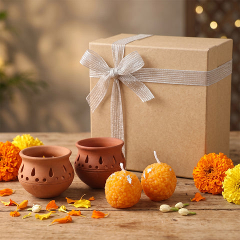 Mitti Ka Mol terracotta diya and Motichoor Ladoo candle gift set styled in a festive gifting setting